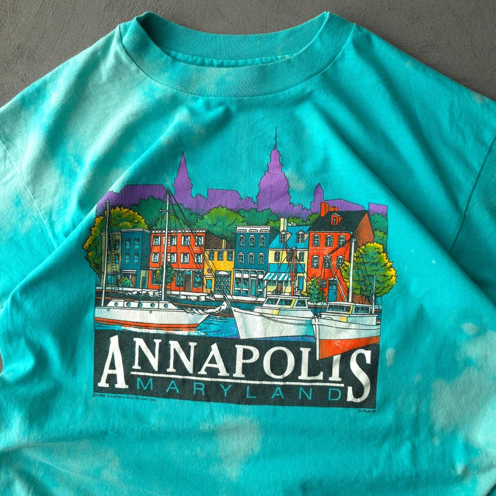 Vintage 1990s T-shirt XL Teal Annapolis Maryland Bleach Wash Hanes - Picture 2 of 9